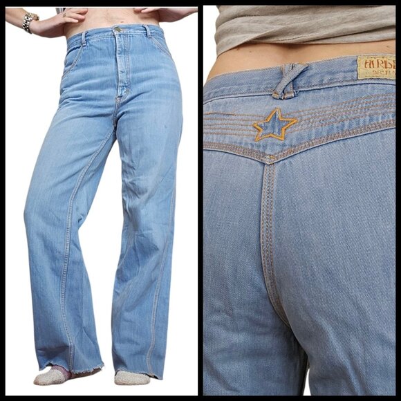 70s Brittania Wide Leg Jeans Embroidered Star High Waisted Light Wash Sz 6 Disco - Picture 1 of 10